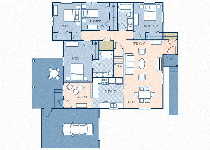 Floor plan for 4 beds, 2 baths, 1411 sqft